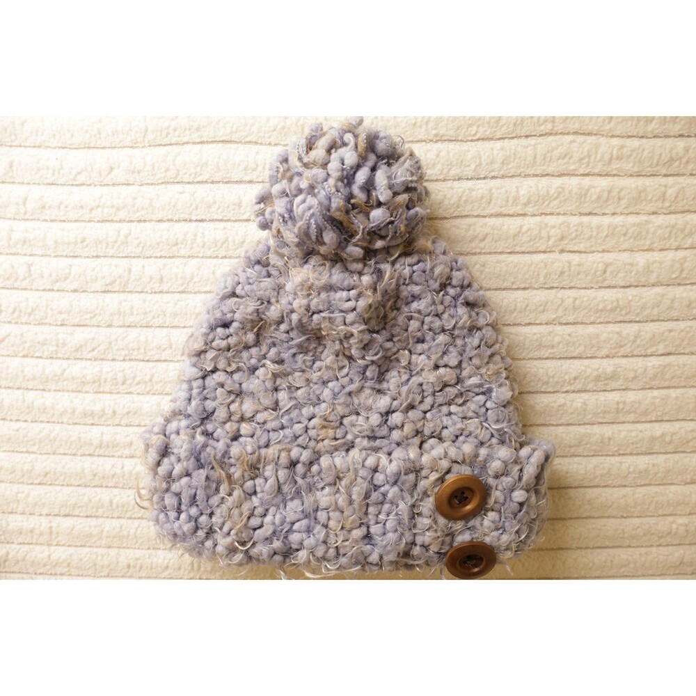Simply Noelle Purple SChunky Knit Pom Pom Beanie with Wood Buttons Cozy Lounge